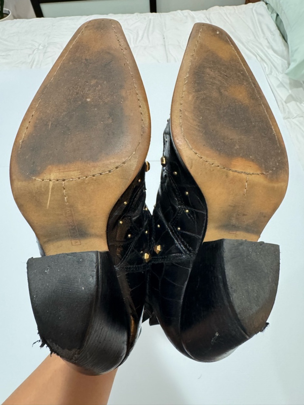 Vince Camuto Black Pointed Western Ankle Boots with Gold Studs - Picture 6 of 9